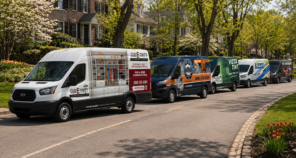 Row of Home Based Franchise Group branded vans (Clozetivity, Dryer Vent Squad, Vizta Tint, Zippy Garage Doors, Bio Superheroes) parked on a suburban street
