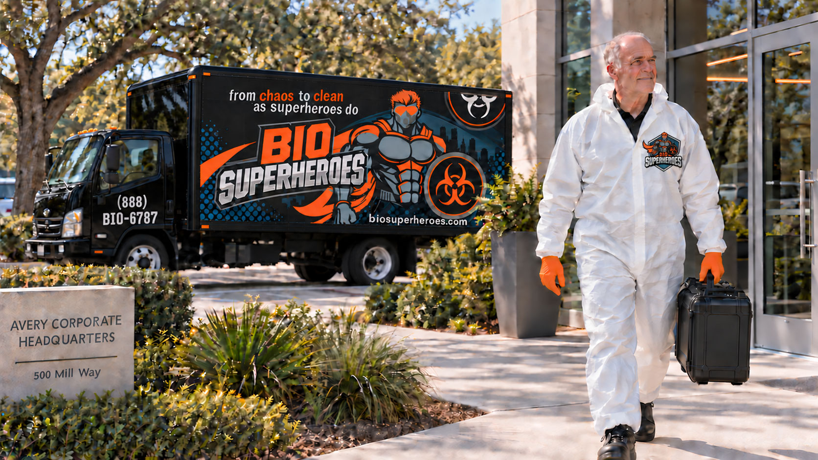 Bio Superheroes technician in a protective suit carrying a case in front of a branded truck